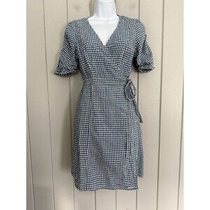 Madewell Dress M Medium Gingham Shirred Sleeve Wrap Blue White K9494 Cottagecore
